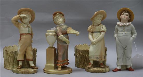 A collection of Royal Worcester Kate Greenaway style figures of children by James Hadley, H 18cm (sifter)